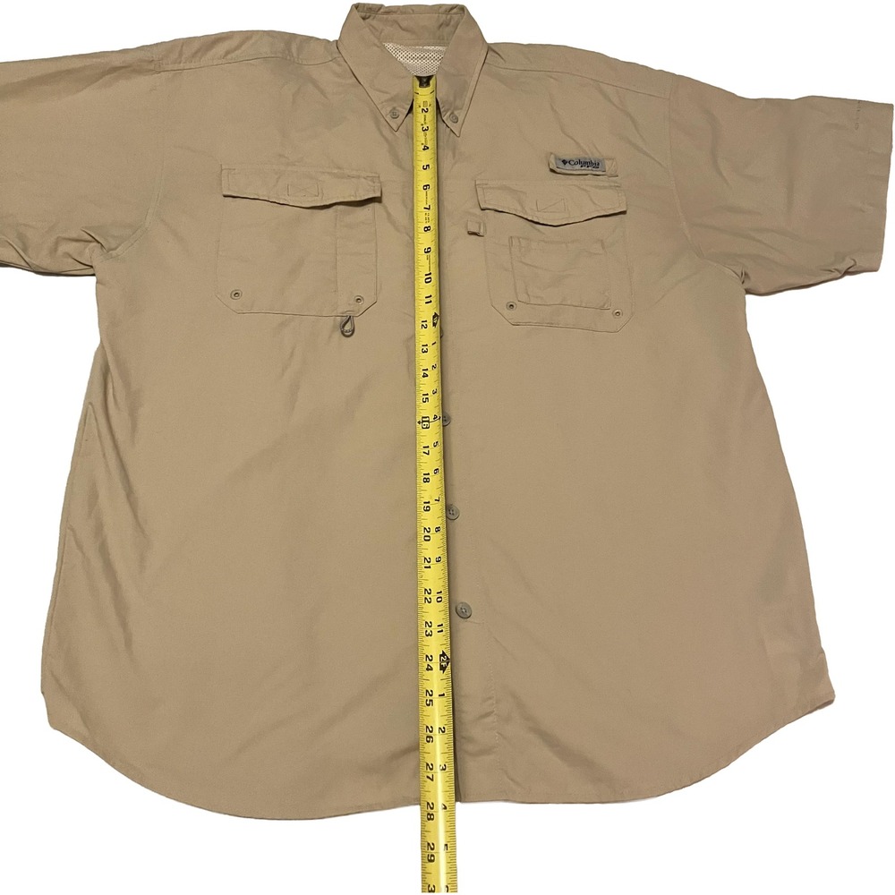Columbia PFG Mens Short Sleeve Fishing Shirt Tan Khaki Omni-Shade Large Utility - Picture 3 of 9